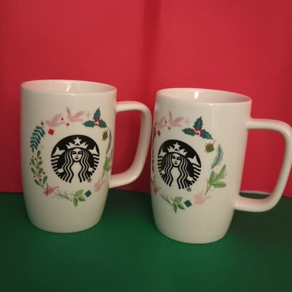 Set of 2 Starbucks White Holiday Wreath Mermaid Logo 8oz Mugs Doves Mistletoe - Picture 1 of 6